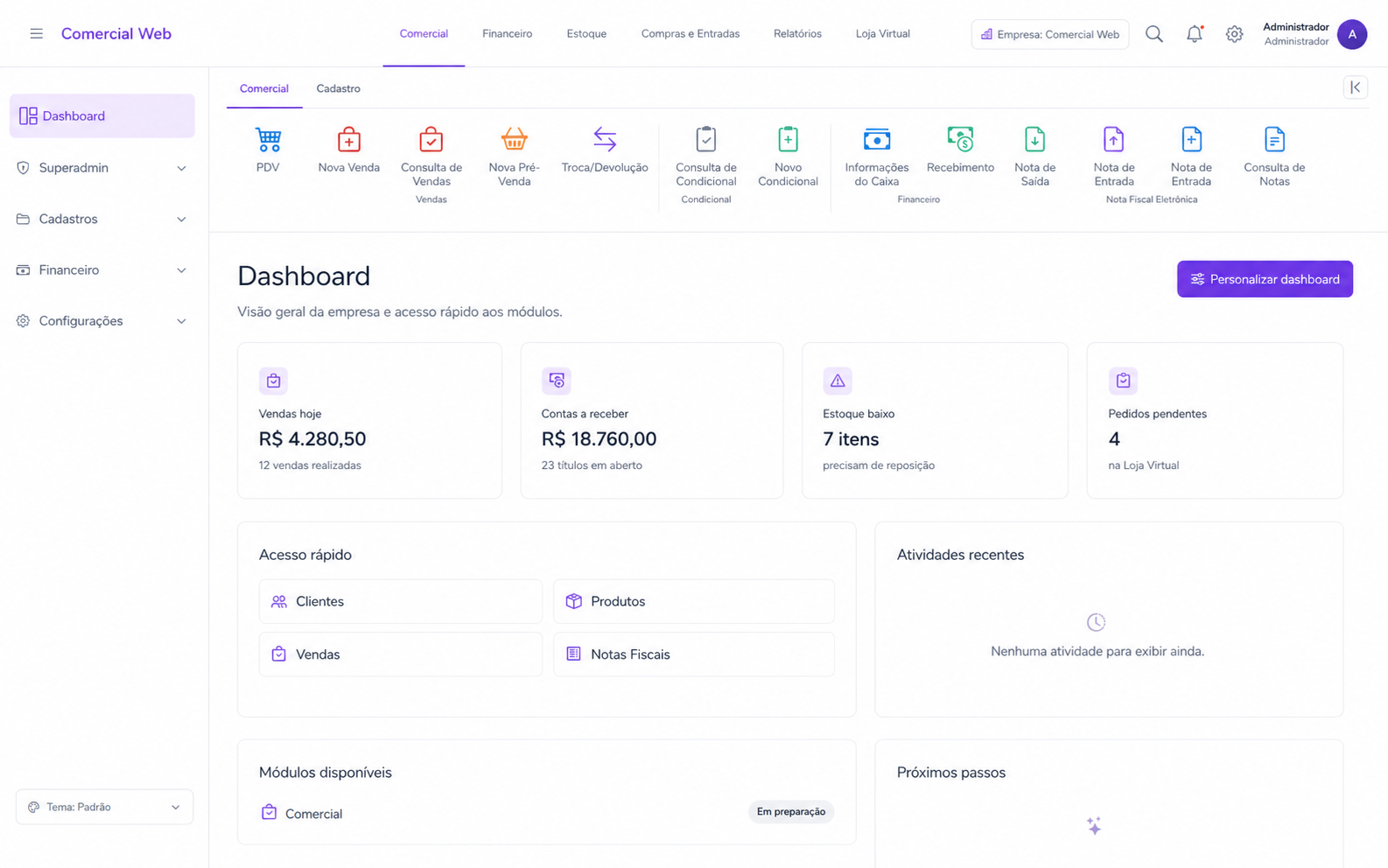 Painel de gestão do Infinit Comercial com indicadores e atividades recentes